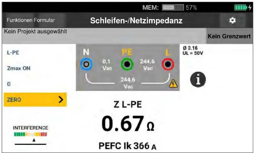 Funktionen Formular Schleifen-/Netzimpedanz Kein Projekt ausgewählt L-PE Zmax ON 0 ZERO > INTERFERENCE N 0.1 Vac PE 244.6 Vac L 244.6 Vac Ø 0.16 UL = 50V i Z L-PE 0.67 Ω PEFC Ik 366 A Kein Grenzwert