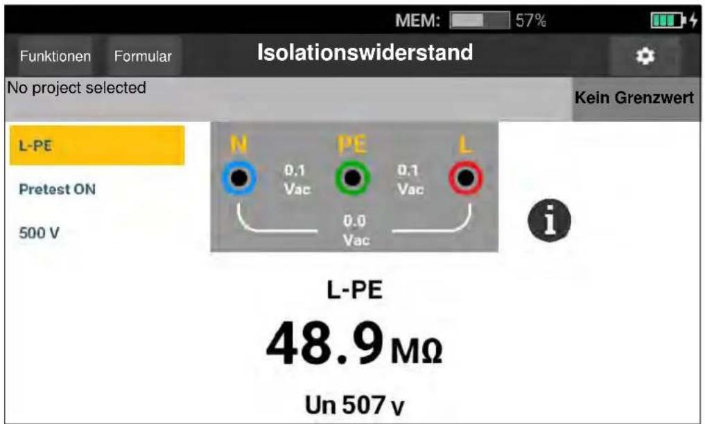 MEM: 57% Funktionen Formular Isolationswiderstand No project selected Kein Grenzwert L-PE Pretest ON 500 V N 0.1 Vac PE 0.1 Vac L 0.0 Vac i L-PE 48.9 MΩ Un 507 v