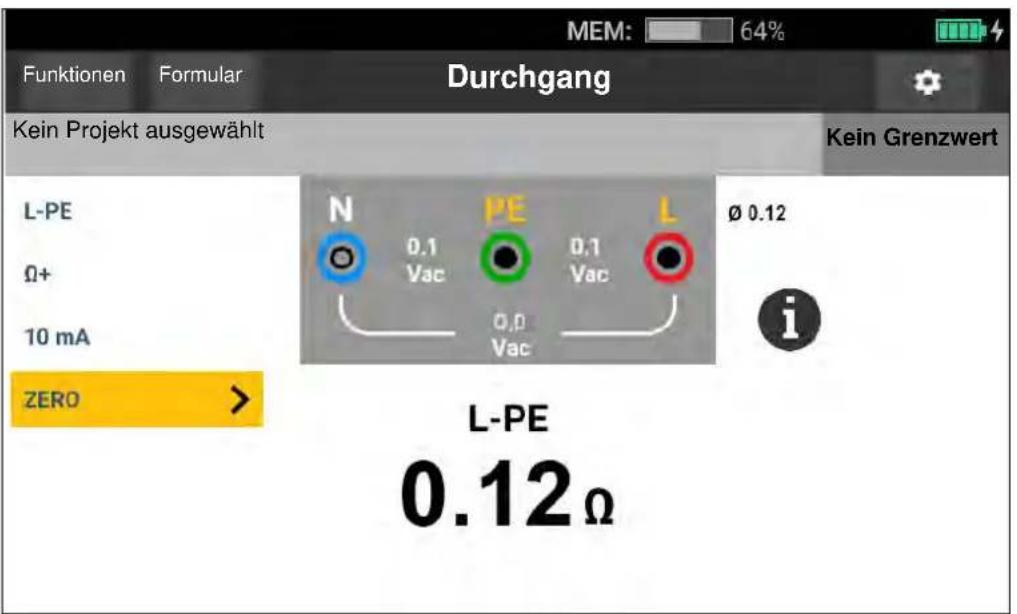 Funktionen Formular Durchgang Kein Projekt ausgewählt L-PE Ω+ 10 mA ZERO > N 0,1 Vac PE 0,1 Vac L Ø 0.12 i L-PE 0.12Ω KEIN Grenzwert