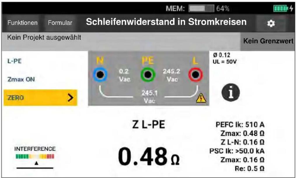 Schleifenwiderstand in Stromkreisen Funktionen Formular MEM: 64% Kein Projekt ausgewählt Kein Grenzwert L-PE Zmax ON ZERO > N 0.2 PE 245.2 L Vac Vac 245.1 Vac Ø 0.12 UL = 50V i Z L-PE 0.48 Ω PEFC Ik: 510 A Zmax: 0.48 Ω Z L-N: 0.16 Ω PSC Ik: >50.0 kA Zmax: 0.16 Ω Re: 0.5 Ω INTERFERENCE