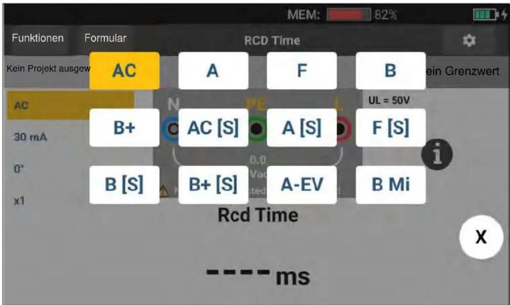 MEM: 82% Funktionen Formular RCD Time Kein Projekt ausgew AC A F B ein Grenzwert AC N UL = 50V B+ AC [S] A [S] F [S] 30 mA 0.0 i B [S] B+ [S] A-EV B Mi x1 Rcd Time ---- ms
