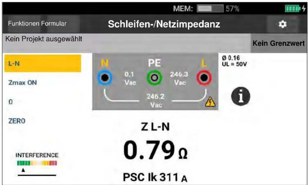 Funktionen Formular Schleifen-/Netzimpedanz Kein Projekt ausgewählt L-N Zmax ON Ω ZERO INTERFERENCE N 0.1 Vac PE 246.3 Vac L 246.2 Vac Ø 0.16 UL = 50V i Z L-N 0.79 Ω PSC Ik 311 A Kein Grenzwert