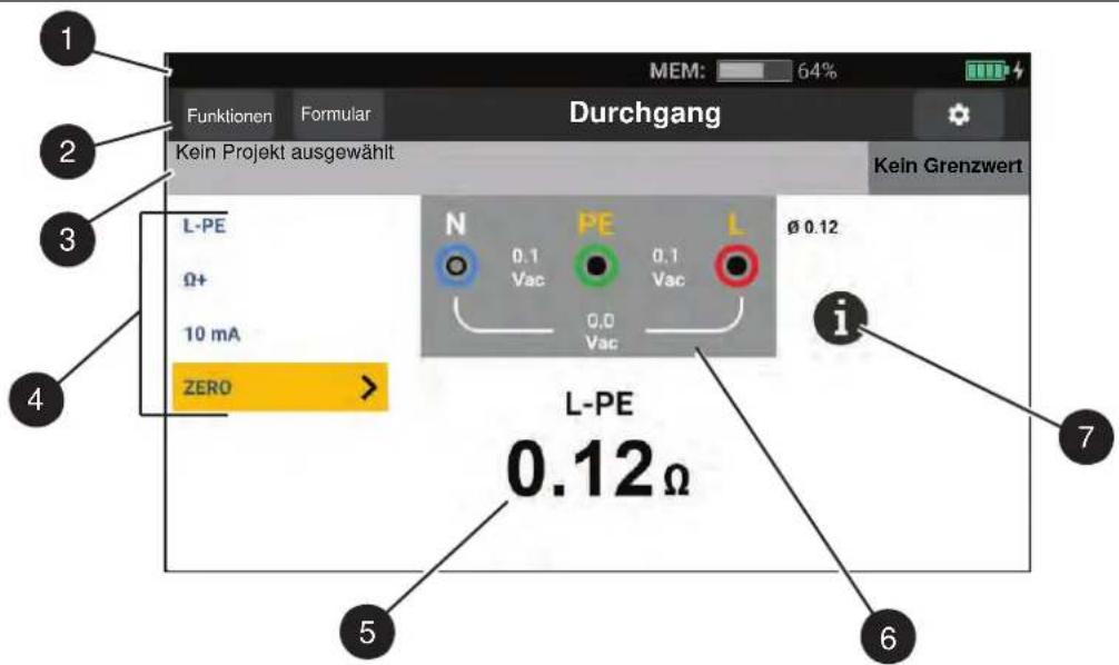 MEM: 64% Funktionen Formular Durchgang Kein Projekt ausgewählt Kein Grenzwert L-PE Ω+ 10 mA ZERO > N 0.1 Vac PE 0.1 Vac L Ø 0.12 0.0 Vac i L-PE 0.12Ω 5 6 7