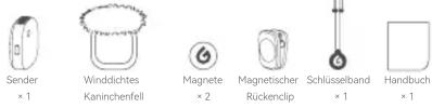Sender × 1 Winddichtes Kaninchenfell Magnete × 2 Magnetischer Rückenclip Schlüsselband × 1 Handbuch × 1