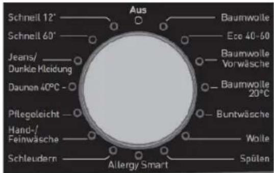 Aus Schnell 12° Schnell 60° Jeans/ Dunkle Kleidung Daunen 40°C Pflegeleicht Hand-/Feinwäsche Schleudern Baumwolle Eco 40-50 Baumwolle Vorwäsche Baumwolle 20°C Buntwäsche Wolle Spülen Allergy Smart