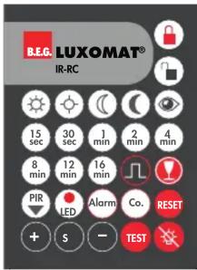 B.L.G. LUXOMAT® IR-RC 15 sec 30 sec 1 min 2 min 4 min 8 min 12 min 16 min PIR LED Alarm Co. RESET + S - TEST