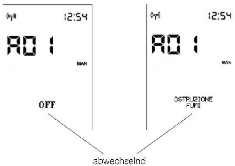 (F) 12:54 RO 1 MAN OFF abwechselnd (FO) 12:54 RO 1 MAN OSTRUZIONE FUMI
