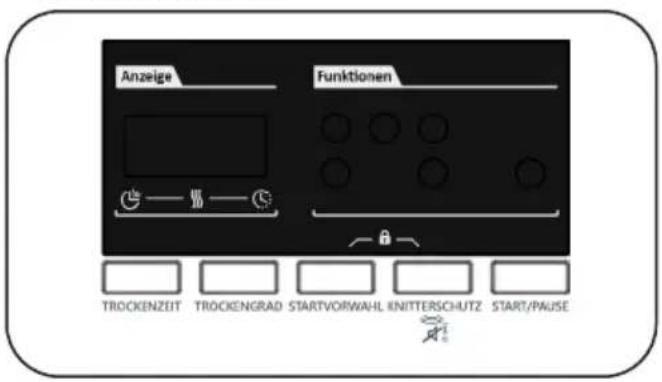 Anzeige Funktionen TROCKENZEIT TROCKENGRAD STARTVORWAHL KNITTERSCHUTZ START/PAUSE