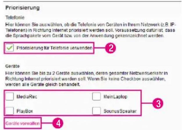 Priorisierung Telefonie Hier können Sie auswählen, ob die Telefonie von Geräten in Ihrem Netzwerk (z.B. IP-Telefonien) in Richtung Internet priorisiert werden soll. Voraussetzung dafür ist, dass die Sprachpakete vom Gerät bzw. von der Anwendung gekennzeichnet werden. ✓ Priorisierung für Telefonie verwenden 2 Geräte Hier können Sie bis zu 2 Geräte auswählen, deren gesamter Netzwerverkehr in Richtung Internet priorisiert werden soll. Wenn Sie keine Checkbox auswählen, werden alle Geräte gleich behandelt. □ MediaRec □ MeinLaptop □ PlayBox □ SounusSpeaker 3 Geräte vorvallen 4