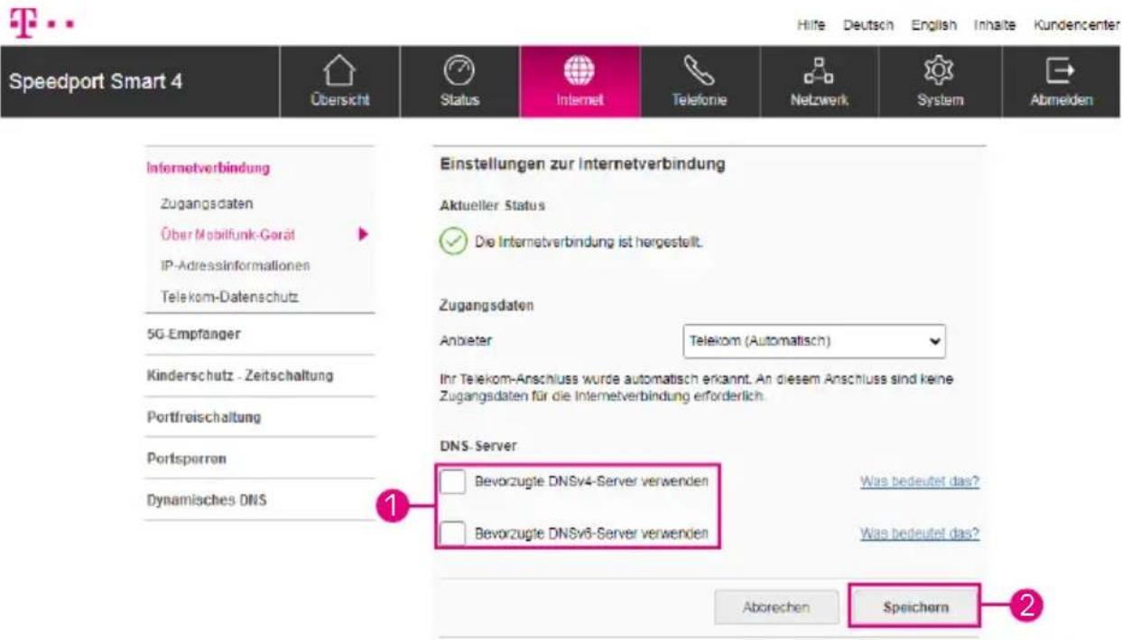 Speedport Smart 4 Übersicht Status Internet Telefonie Netzwerk System Abmeiden Infernetverbindung Zugangsdaten Über Mobilfunk-Gerät IP-Adressinformationen Telekom-Datenschutz 5G-Empfänger Kinderschutz - Zeitschaltung Portfreischaltung Portsporren Dynamisches DNS Einstellungen zur Internetverbindung Aktueller Status ✓ Die Internetverbindung ist hergestellt. Zugangsdaten Anbieter Telekom (Automatisch) Ihr Telekom-Anschluss wurde automatisch erkannt. An diesem Anschluss sind keine Zugangsdaten für die Internetverbindung erforderlich. DNS-Server □ Bevorzugte DNSv4-Server verwenden □ Bevorzugte DNSv6-Server verwenden Was bedeutet das? Was bedeutet das? Aborechen Speichern