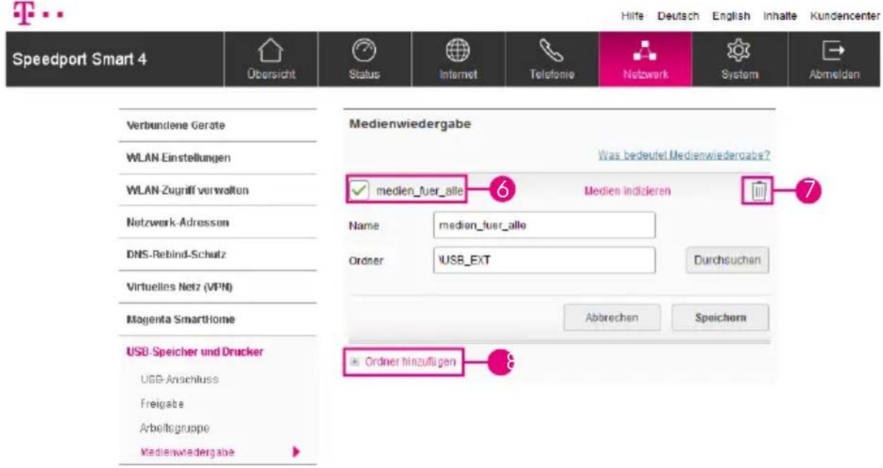 Speedport Smart 4 Obersicht Status Internet Telefonie Netzwerk System Abmelden Verbundene Gerate WLAN Einstellungen WLAN-Zugriff verwalten Netzwerk-Adressen DNS-Rebind-Schutz Virtuelles Netz (VPN) Magenta SmartHome USD-Speicher und Drucker USB-Anschluss Freigabe Arbeitsgruppe Medienwiedergabe Medienwiedergabe Was bedeutet Medienwiedergabe? medien_fuer_alle Medien Indizieren 7 Name: medien_fuer_alle Order: USB_EXT Durchsuchen Abbrechen Speichern Ordner hinzufügen