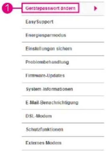 1 Geratepasswort ändern Easy Support Energiesparmodus Einstellungen sichern Problembehandlung Firmware-Updates System-Informationen E-Mail-Benachrichtigung DSL-Modem Schutzfunktionen Externes Modem