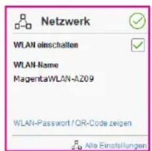 Netzwerk WLAN einschallen WLAN-Name MagentaWLAN-AZ09 WLAN-Password / QR-Code zeigen Alle Einstellungen