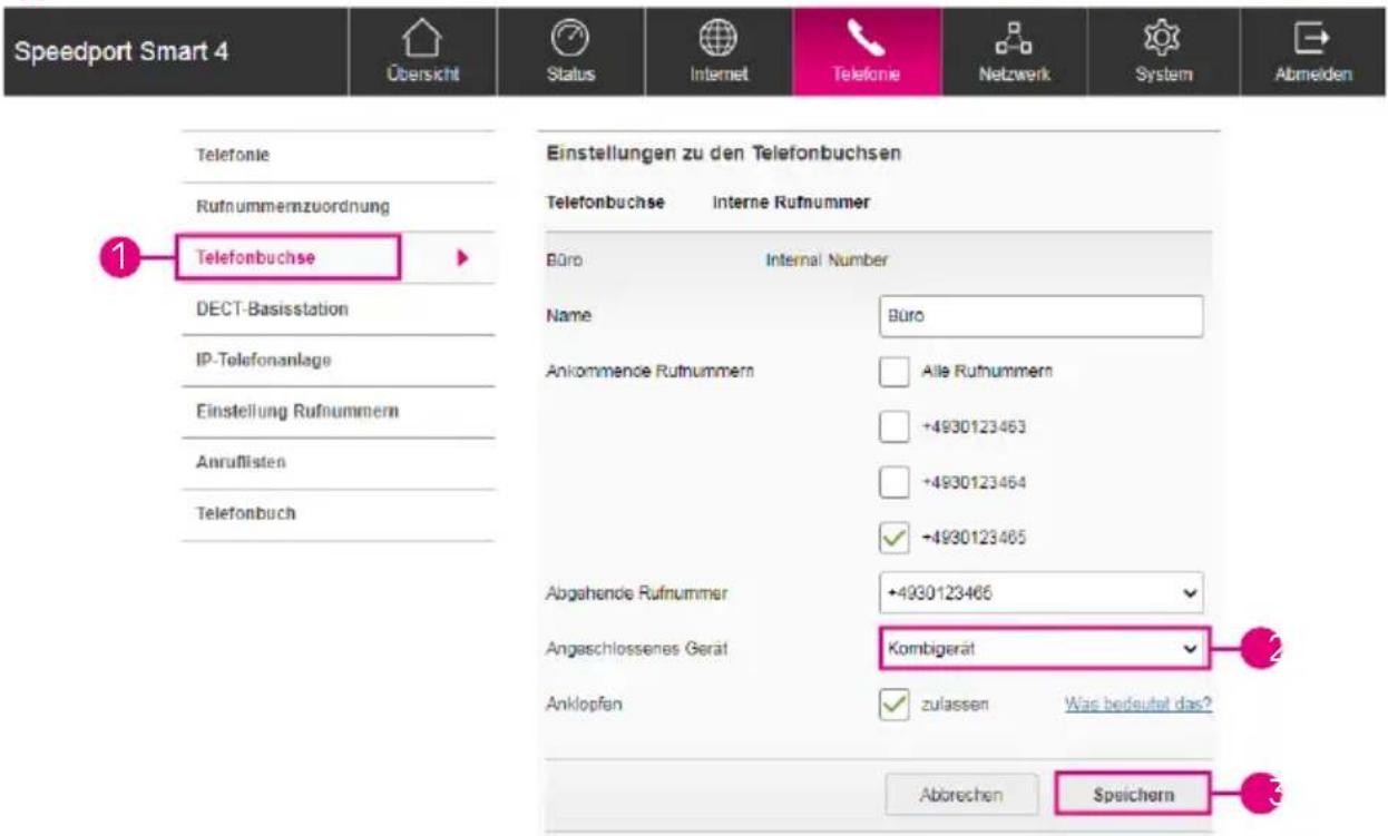 Speedport Smart 4 Übersicht Status Internet Telefonie Netzwerk System Abmelden Telefonie Rufnummernzuordnung Telefonbuchse DECT-Basisstation IP-Telefonanlage Einstellung Rufnummern Anruflisten Telefonbuch Einstellungen zu den Telefonbuchsen Telefonbuchse Interne Rufnummer Büro Internal Number Name Büro Ankommenende Rufnummern Alle Rufnummern +4930123463 +4930123464 -4930123465 Abgahende Rufnummer +4930123466 Angeschlossenes Gerät Kombigerät Anklopfen zulassen Was bedeutsel das? Abörechen Speichern