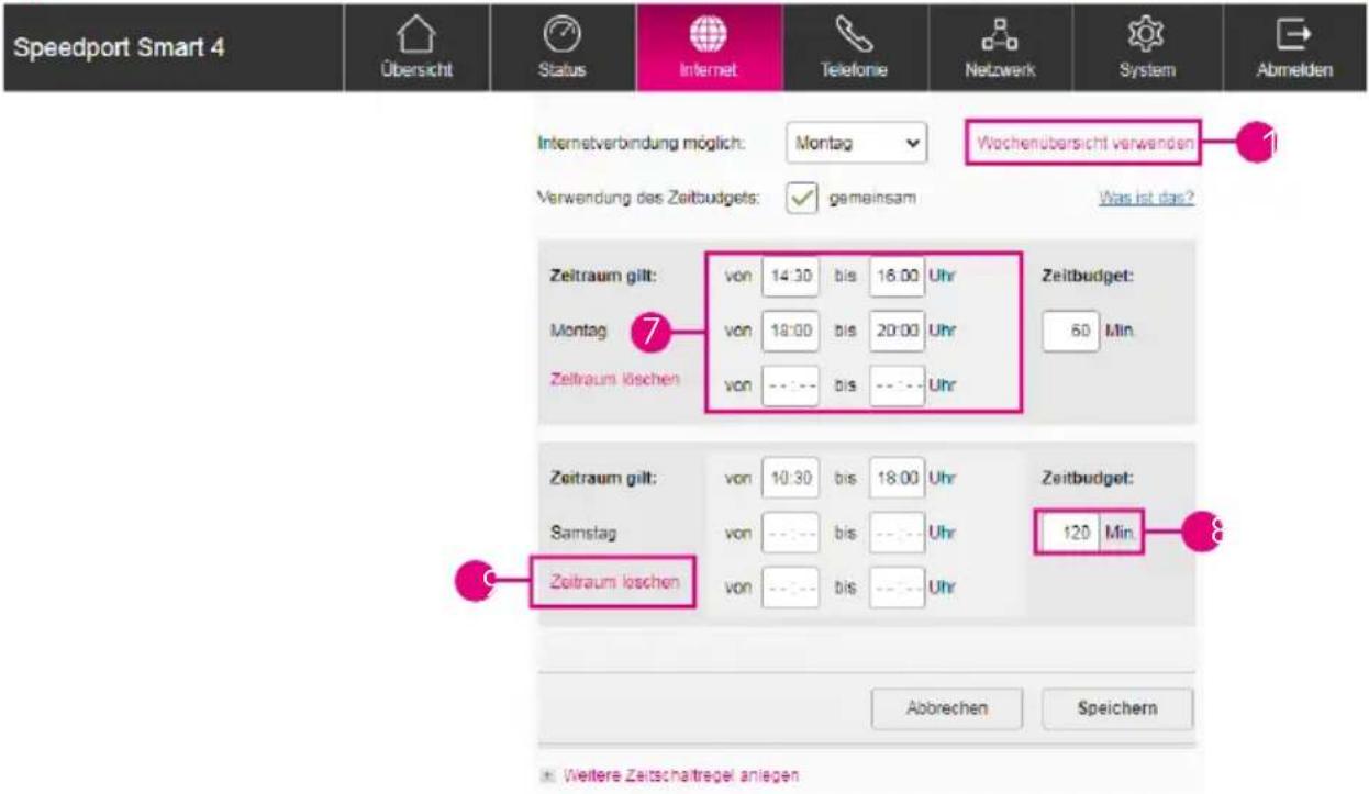 Speedport Smart 4 Übersicht Status Internet Telefonie Netzwerk System Abmelden Internetverbindung möglich: Montag Wochenübersicht verwenden Verwendung des Zeitbudgets: ✓ gemeinsam Was ist das? Zeitraum gilt: von 14:30 bis 16:00 Uhr Zeitbudget: Montag von 19:00 bis 20:00 Uhr 60 Min Zeitraum löschen von --- bis --- Uhr Zeitraum gilt: von 10:30 bis 18:00 Uhr Zeitbudget: Samstag von --- bis --- Uhr 120 Min Zeitraum loschen von --- bis --- Uhr Abbrechen Speichern * Weitere Zeitschaltregel anlagen