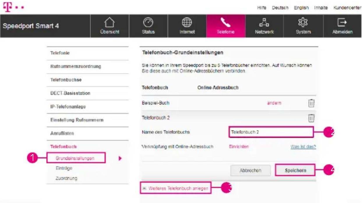 Speedport Smart 4 Übersicht Status Internet Telefonie Netzwerk System Abmelden Telefonie Rufnummernzuordnung Telefonbuchse DECT-Basisstation IP-Telefonanlage Einstellung Rufnummern Anruffisten Telefonbuch Grundeinstellungen Einträge Zuordnung Telefonbuch-Grundeinstellungen Sie können in Ihrem Speedport bis zu 5 Telefonbücher einrichten. Auf Wunsch können Sie diese auch mit Online-Adressbüchern verbinden. Telefonbuch Online-Adressbuch Beispiel-Buch ändern Telefonbuch 2 Name des Telefonbuchs Telefonbuch 2 Verknüpfung mit Online-Adressbuch Einvichten Was ist das? Abbrechen Speichern Weiteres Telefonbuch anliegen