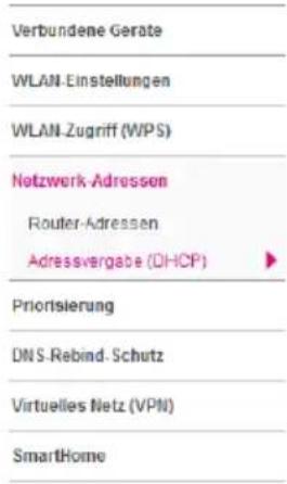 Verbundene Geräte WLAN-Einstellungen WLAN-Zugriff (WPS) Netzwerk-Adressen Router-Adressen Adressvergabe (DHCP) Priorisierung DNS-Rebind. Schutz Virtuelles Netz (VPN) SmartHome