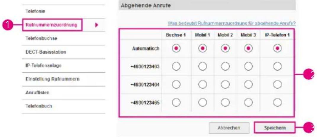 Abgehende Anrufe Was bedeutet Rufnummernzuordnung für abgehende Anrufe? Buchse 1 Mobil 1 Mobil 2 Mobil 3 IP-Telefon 1 Automatisch ● ● ● ● ● +4930123463 ○ ○ ○ ○ ○ +4930123464 ○ ○ ○ ○ ○ +4930123465 ○ ○ ○ ○ ○ Abtrechen Speichern