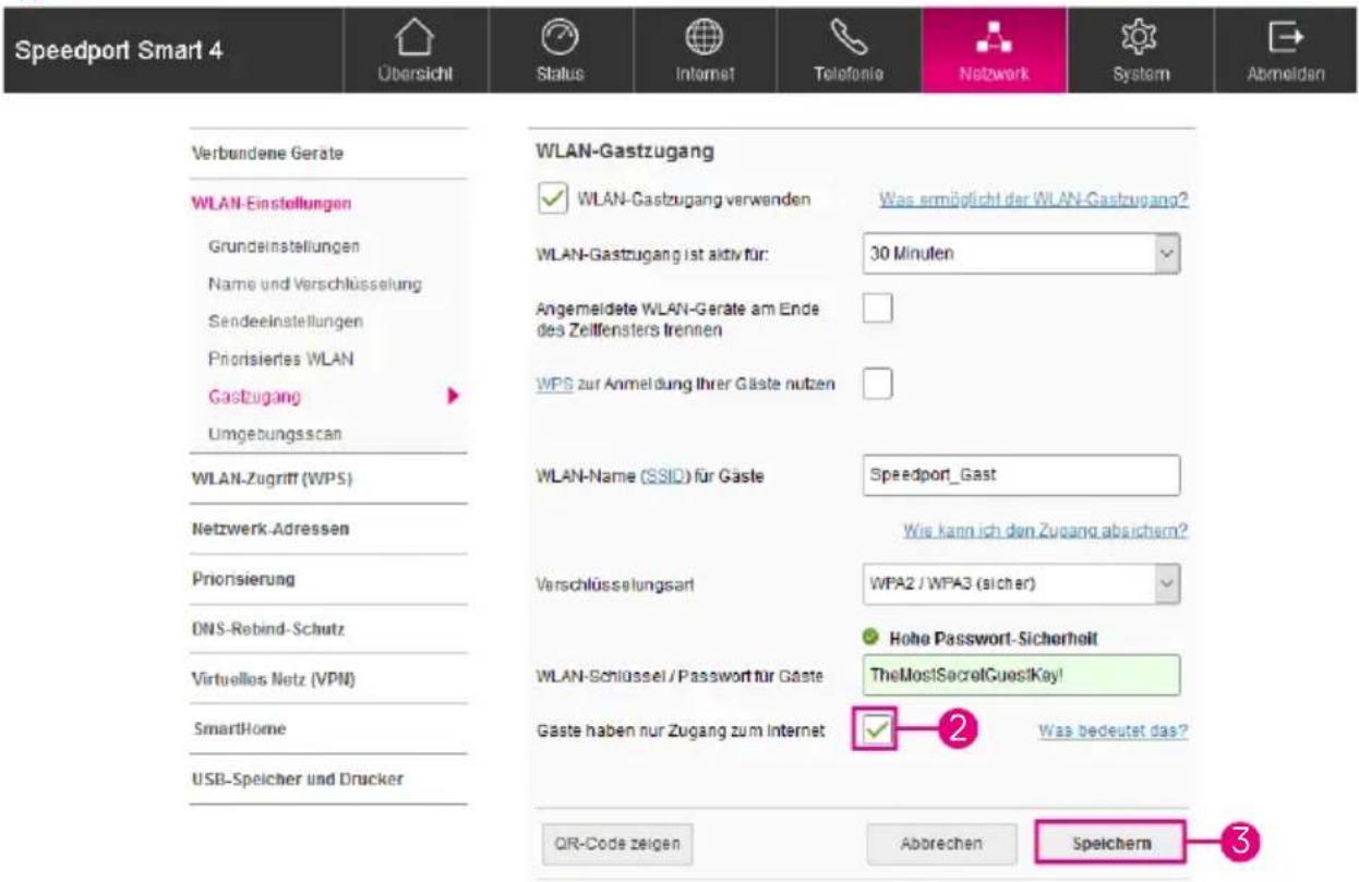 Speedport Smart 4 Übersicht Status Internet Telefonie Netzwerk System Abmeldan Verbundene Geräte WLAN-Einstellungen Grundeinstellungen Name und Verschlüsselung Sendeeinstellungen Priorisierles WLAN Gastzugang Umgebungsscan WLAN-Zugriff (WPS) Netzwerk-Adressen Priorisierung DNS-Rebind-Schutz Virtuelles Netz (VPN) SmartHome USB-Spelcher und Drucker WLAN-Gastzugang ✓ WLAN-Gastzugang verwenden 30 Minuten Angemeldete WLAN-Geräte am Ende des Zeilfensters fremnen WPS zur Anmeldung Ihrer Gäste nutzen WLAN-Name (SSID) für Gäste Speedport_Gast Wie kann ich den Zugang absichern? Verschlüsselungsart WPA2 / WPA3 (sicher) Hohe Password-Sicherheit WLAN-Schlüssel / Password für Gäste TheMostSecretGuess!Kay! Gaste haben nur Zugang zum Internet Was bedeutet das? QIR-Code zeigen Abbrechen Speichern