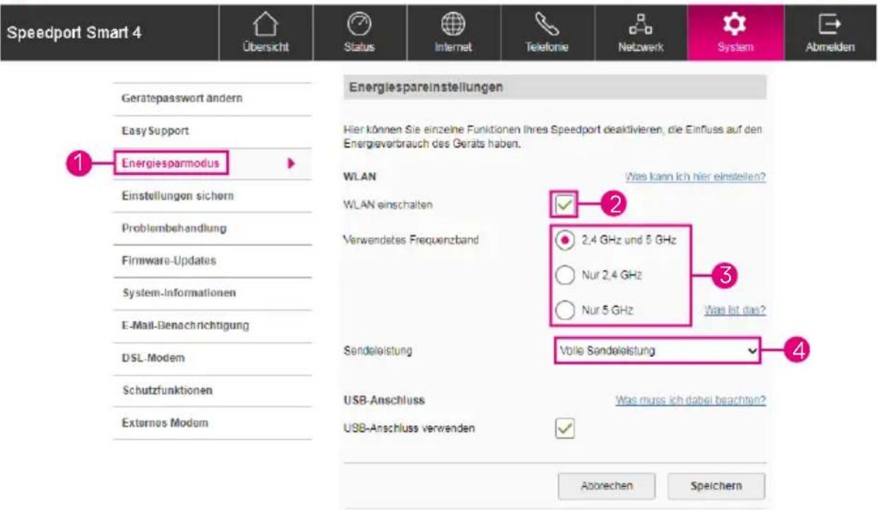Speedport Smart 4 Übersicht Status Internet Telefonie Netzwerk System Abmelden Geratepasswort andern Easy Support Energiesparmodus Hier können Sie einzelne Funktionen Ihres Speedport deaktivieren, die Einfluss auf den Energieverbrauch des Gerats haben. WLAN WLAN einschalten Verwendetes Frequenzband 2,4 GHz und 5 GHz Nur 2,4 GHz Nur 5 GHz Was kann ich hier einstellen? Was ist das? Sendeleistung Volle Sendeleistung USB-Anschluss Was muss ich dabei beachten? USB-Anschluss verwenden Abrechen Speichern