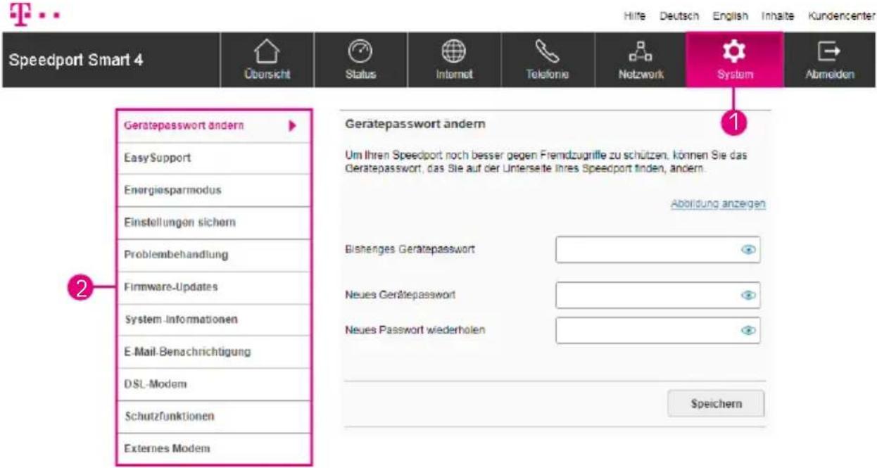 Speedport Smart 4 Übersicht Status Internet Telefonie Netzwork System Abmelden Geratepasswort ändern Easy Support Energiesparmodus Einstellungen sichern Problembehandlung Firmware-Updates System-Informationen E-Mail-Benachrichtigung DSL-Modem Schutzfunktionen Externes Modem Geratepasswort ändern Um Ihren Speedport noch besser gegen Fremdzugriffe zu schützen, können Sie das Geratepasswort, das Sie auf der Unterseite Ihres Speedport finden, ändern. Abildung anzeigen Bishenges Gerätepasswort Neues Gerätepasswort Neues Passwort wiederholen Speichern