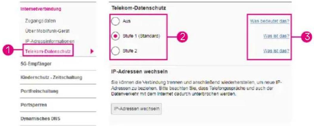 Internetverbindung Zugangs daten Über Mobilfunk-Gerät IP-Adressinformationen Telekom-Datenschutz 5G-Empfänger Kinderschutz - Zeitschaltung Portfreischaltung Portsperren Dynamisches DNS Telekom-Datenschutz Aus Stufe 1 (Standard) Stufe 2 Was bedeutet das? Was ist das? Was ist das? IP-Adressen wechseln Sie können die Verbindung trennen und anschließend wiederherstellen, um neue IP- Adressen zu beziehen. Bitte beachten Sie, dass Telefongespräche und auch der Datenverkehr mit dem Internet dadurch unterbrochen werden. IP-Adressen wechseln