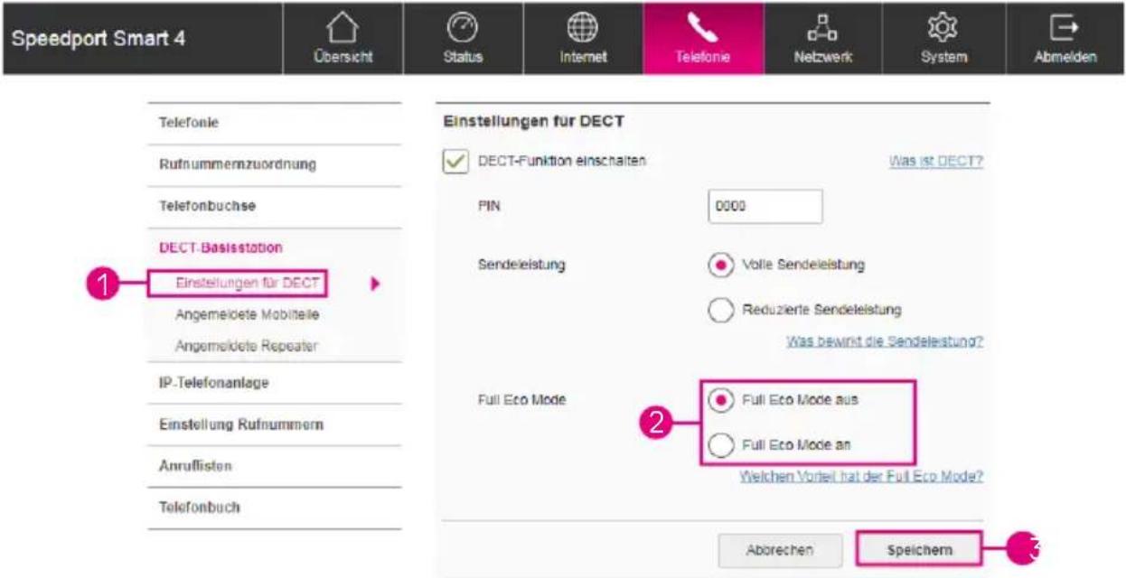 Speedport Smart 4 Übersicht Status Internet Telefonie Netzwerk System Abmelden Telefonie Rufnummernzuordnung Telefonbuchse DECT-Basisstation Einstellungen für DECT Angemeldete Mobiliteile Angemeldete Repeater IP-Telefonanlage Einstellung Rufnummern Anrufflisten Telefonbuch Einstellungen für DECT ✓ DECT-Funktion einschalten Was ist DECT? PIN 0000 Sendeleistung Volle Sendeleistung Reduzierte Sendeleistung Was bewirkt die Sendeleistung? Full Eco Mode 2 Full Eco Mode aus Full Eco Mode an Welchen Vorteil hat der Full Eco Mode? Aborechen Speichern