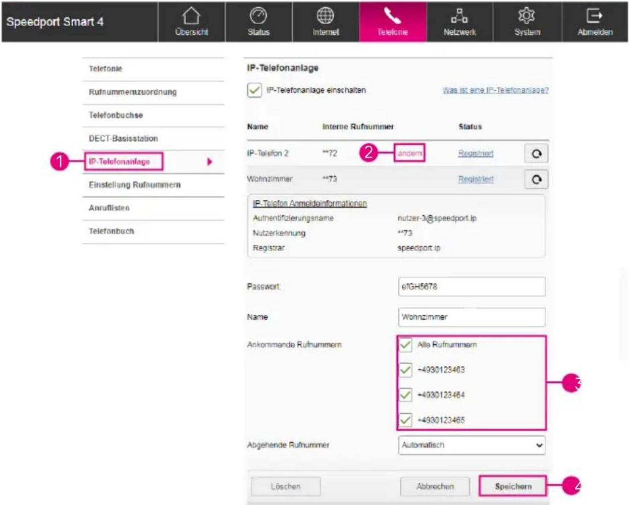 Speedport Smart 4 Übersicht Status Internet Telefonie Netzwerk System Abmeiden Telefonie Rufnummemzuordnung Telefonbuchse DECT-Basisstation IP-Telefonanlage Einstellung Rufnummern Anruflisten Telefonbuch IP-Telefonanlage IP-Telefonanlage einschalten Was ist eine IP-Telefonanlage? Name Interne Rufnummer Status IP-Telefon 2 **72 andem Registriert Wohnzimmer **73 Registriert IP-Telefon Anmeldeinformationen Authentifizierungsname nutzer-3@speedport.jp Nutzerkennung **73 Registrar speedport.jp Passwort: e1GH5678 Name Wohnzimmer Ankommande Rufnummern Allo Rufnummern -4930123463 -4930123464 +4930123465 Abgehende Rufnummer Automatisch Löschen Abbrechen Speichern