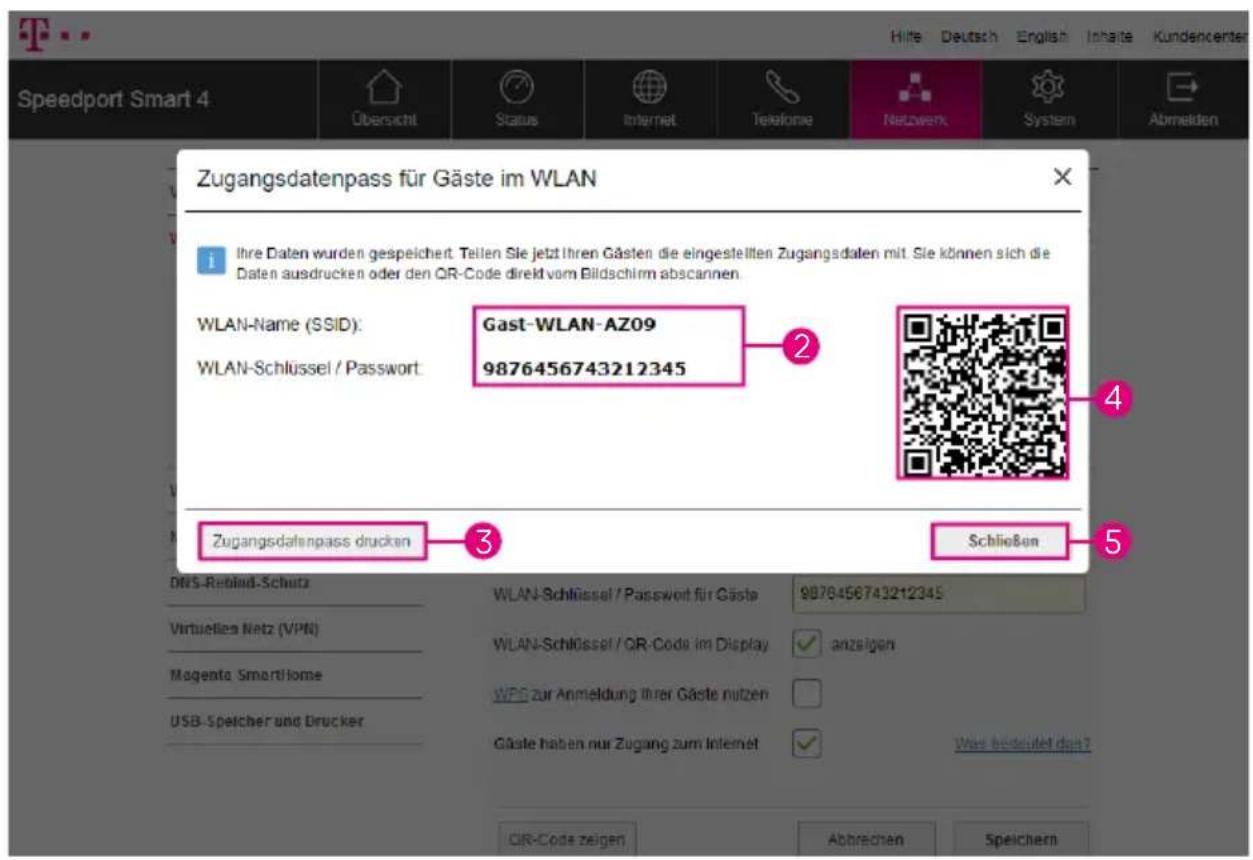 Speedport Smart 4 Übersicht Status Internet Telephone Netzwerk System Abmelden Zugangsdatenpass für Gäste im WLAN I Ihre Daten wurden gespeichert. Teilen Sie jetzt Ihren Gästen die eingestellten Zugangsdaten mit. Sie können sich die Daten ausdrucken oder den QR-Code direkt vom Bildschirm abscannen. WLAN-Name (SSID): Gast-WLAN-AZ09 WLAN-Schlüssel / Passwort: 9876456743212345 Zugangsdatenpass drucken Schließen DNS-Rebind-Schutz Virtuelles Netz (VPN) Magenta Smarthome USB-Spelcher und Drucker WLAN-Schlüssel / Passwort für Gäste 9876456743212345 WLAN-Schlüssel / QR-Code im Display anzeigen WPS zur Anmeldung Ihrer Gäste nutzen Gäste haben nur Zugang zum Internet Wer besteuelt das? CIR-Code zeigen Abtrechen Speichern