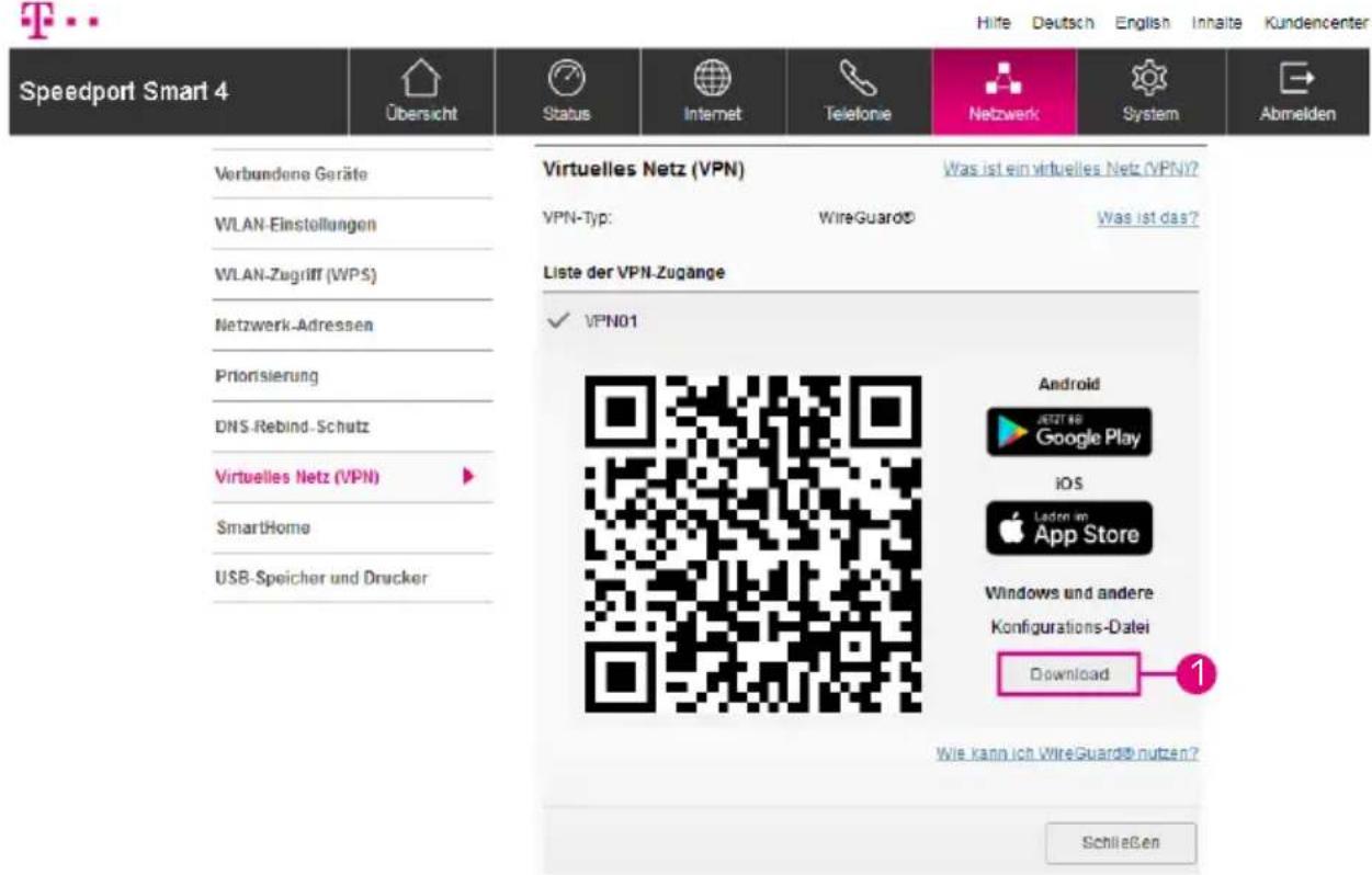 Speedport Smart 4 Übersicht Status Internet Telefonie Netzwerk System Abmelden Verbundene Geräte WLAN-Einstellungen WLAN-Zugriff (WPS) Netzwerk-Adressen Priorisierung DNS-Rebind-Schutz Virtuelles Netz (VPN) SmartHome USB-Speicher und Drucker Virtuelles Netz (VPN) VPN-Typ: WireGuard® Was ist ein virtuelles Netz (VPN)? Was ist das? Liste der VPN-Zugänge ✓ VPN01 Android JETZT 89 Google Play iOS Laden in App Store Windows und andere Konfigurations-Datei Download 1 Wie kann ich WireGuard® nutzen? Schließen