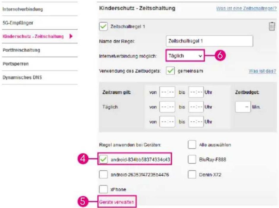 Internetverbindung 5G-Empfänger Kinderschutz - Zeitschaltung Portfreischaltung Portsperren Dynamisches DNS Kinderschutz - Zeitschaltung Was ist eine Zeitschaltregel? Zeitschaltregel 1 Name der Regel: Zeitschaltregel 1 Internetverbindung möglich: Täglich Verwendung des Zeitbudgets: gemeinsam Was ist das? Zeitraum gilt: von - - - - bis - - - - Uhr Täglich: von - - - - bis - - - - Uhr Zeitbudget: - Min. von - - - - bis - - - - Uhr Regel anwenden bei Geräten: Alle auswählen android-834bb58374334c43 BluRay-F888 android-26353147235b4476 Denin-X72 xPhone Gerate verwaßen 4 5