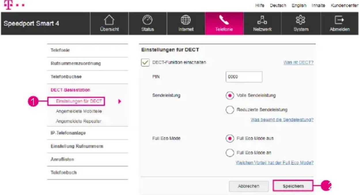 Speedport Smart 4 Übersicht Status Internet Telefonie Netzwerk System Abmelden Telefonie Rufnummernzuordnung Telefonbuchse DECT-Basisstation Einstellungen für DECT Angemeldete Mobiliteile Angemeldete Repeater IP-Telefonanlage Einstellung Rufnummern Anruffisten Telefonbuch Einstellungen für DECT ✓ DECT-Funktion einschalten Was ist DECT? PIN 0000 Sendeleistung Volle Sendeleistung Reduzierte Sendeleistung Was bewirt die Sendeleistung? Full Eco Mode Full Eco Mode aus Full Eco Mode an Welchen Vorlei hat der Full Eco Mode? Aborechen Speichern