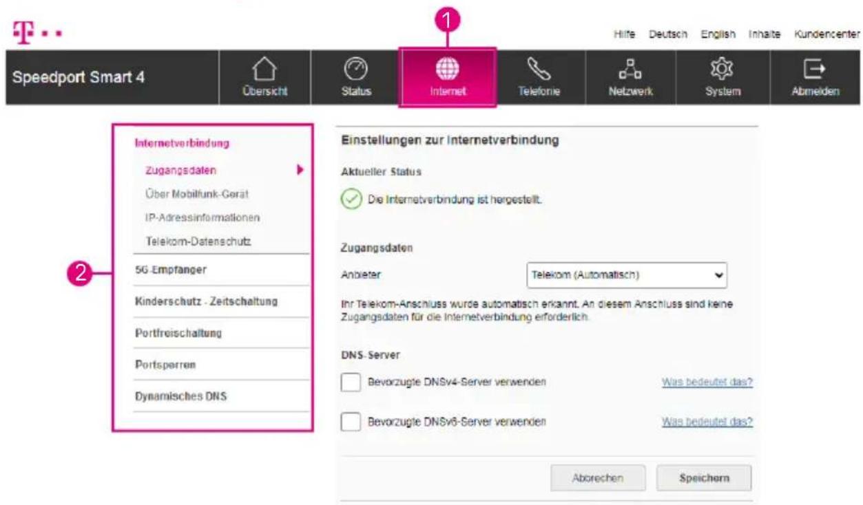 Speedport Smart 4 Übersicht Status Internet Telefonie Netzwerk System Abmelden Internetverbindung Zugangsdaten Über Mobilfunk-Gerät IP-Adressinformationen Telekom-Datenschutz 5G -Empfänger Kinderschutz - Zeitschaltung Portfreischaltung Portsperren Dynamisches DNS Einstellungen zur Internetverbindung Aktueller Status ✓ Die Internetverbindung ist hergestellt. Zugangsdaten Anbieter Telekom (Automatisch) Ihr Telekom-Anschluss wurde automatisch erkannt. An diesem Anschluss sind keine Zugangsdaten für die Internetverbindung erforderlich. DNS-Server □ Bevorzugte DNSv4-Server verwenden Was bedeutet das? □ Bevorzugte DNSv6-Server verwenden Was bedeutet das? Aborechen Speichern