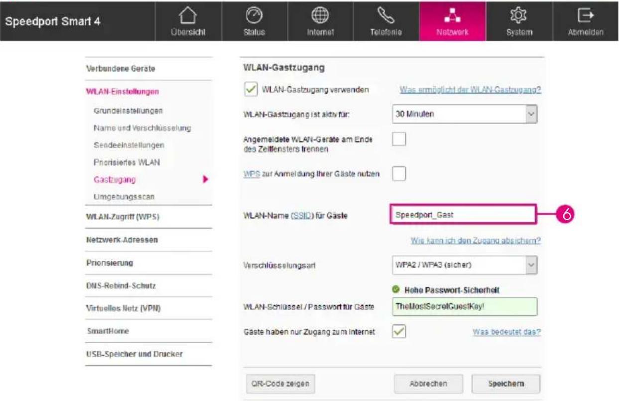 Speedport Smart 4 Übersicht Status Internet Telefonio Netzwerk System Abmeldan Verbundene Geräte WLAN-Einstellungen Grundeinstellungen Name und Verschlüsselung Sendeeinstellungen Priorisiertes WLAN Gastzugang Umgebungsscan WLAN-Zugriff (WPS) Netzwerk-Adressen Priorisierung DNS-Rebind-Schutz Virtuelles Netz (VPN) SmartHome USB-Spelcher und Drucker WLAN-Gastzugang ✓ WLAN-Gastzugang verwenden Was ermöglicht der WLAN-Gastzugang? WLAN-Gastzugang ist aktiv für: 30 Minuten Angemeldete WLAN-Geräte am Ende des Zeilfensters lrennen WPS zur Anmeldung Ihrer Gäste nutzen WLAN-Name (SSID) für Gäste Speedport_Gast Wies kann ich den Zugang absichern? Verschlüsselungsart WPA2 / WPA3 (sicher) Hohe Passwort-Sicherheit WLAN-Schlüssel / Passwort für Gäste TheMos!SecretGuess!Kay! Gaste haben nur Zugang zum Internet Was bedeutet das? QIR-Code zeigen Abbrechen Speichern