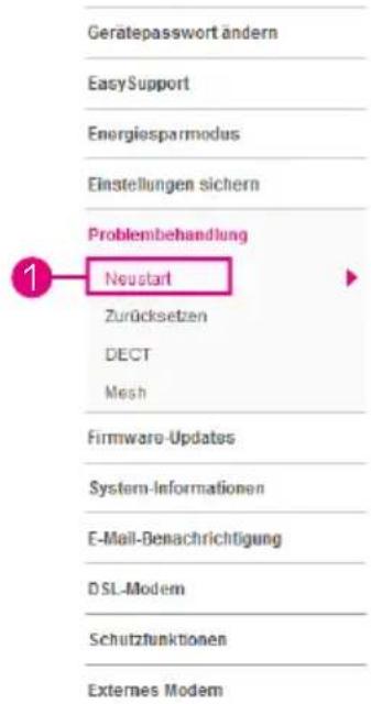 Gerätepasswort ändern EasySupport Energiesparmodus Einstellungen sichern Problembehandlung Neustart Zurücksetzen DECT Mesh Firmware-Updates System-Informationen E-Mail-Benachrichtigung DSL-Modem Schutzfunktionen Externes Modem