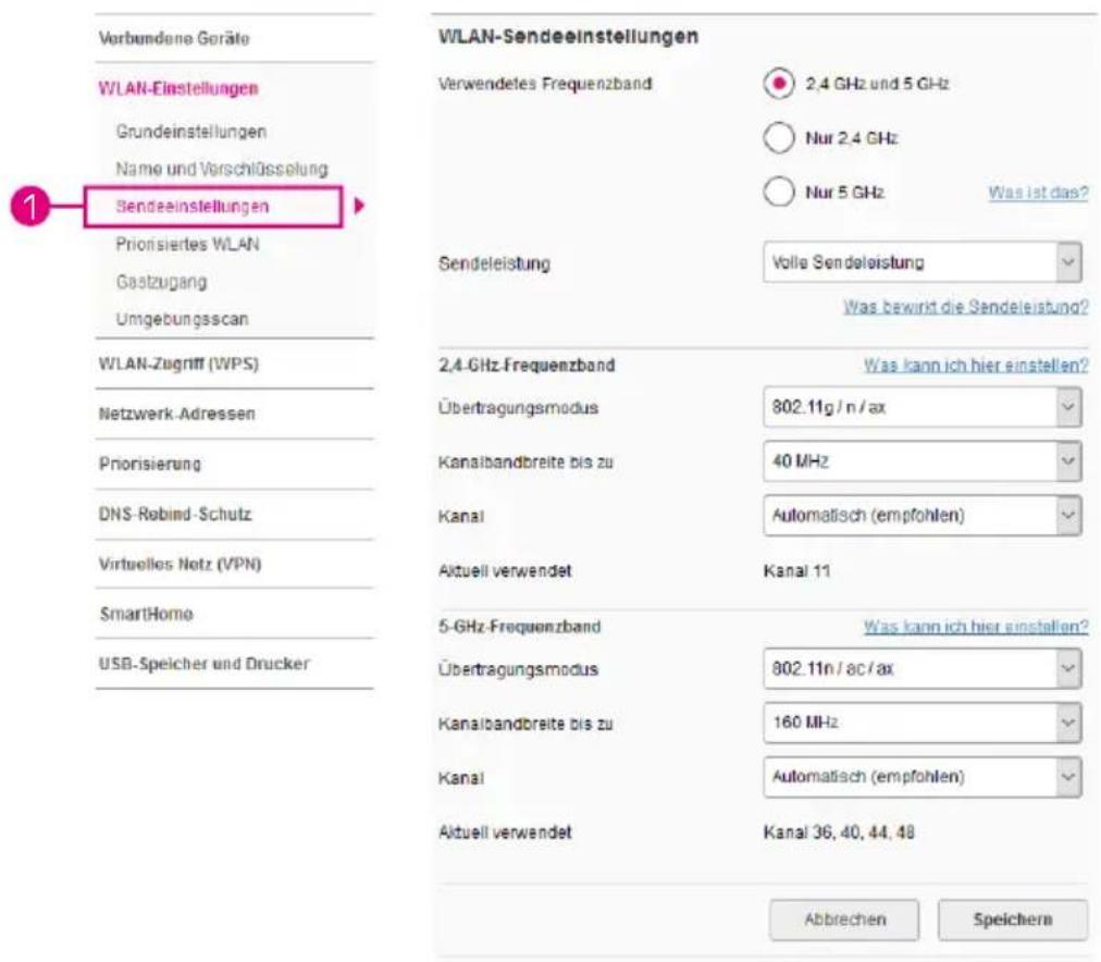 Vorbundene Geräte W/LAN-Einstellungen Grundeinstellungen Name und Verschlüsselung Sendeeinstellungen Priorisiertes WLAN Gastzugang Umgebungsscan WLAN-Zugriff (WPS) Netzwerk-Adressen Priorisierung DNS-Robind-Schutz Virtuelles Netz (VPN) SmartHome USB-Speicher und Drucker WLAN-Sendeeinstellungen Verwendetes Frequenzband 2,4 GHz und 5 GHz Nur 2,4 GHz Nur 5 GHz Was ist das? Sendeleistung Volle Sendeleistung Was bewirkt die Sendeleistung? 2,4-GHz-Frequenzband Was kann ich hier einstellen? Übertragungsmodus 802.11g / n / ax Kanalbandbreite bis zu 40 MHz Kanal Automatisch (empfohlen) Aktuell verwendet Kanal 11 5-GHz-Frequenzband Was kann ich hier einstellen? Übertragungsmodus 802.11n / ac / ax Kanalbandbreite bis zu 160 MHz Kanal Automatisch (empfohlen) Aktuell verwendet Kanal 36, 40, 44, 48 Abbrechen Speichern