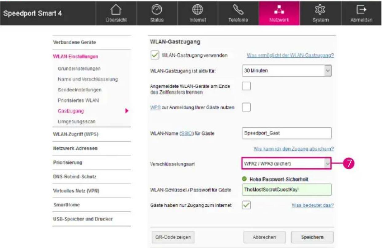Speedport Smart 4 Übersicht Status Internet Telefonio Network System Abmelden Verbundene Geräte WLAN-Einstellungen Grundeinstellungen Name und Verschlüsselung Sendeeinstellungen Priorisiertes WLAN Gastzugang Umgebungsscan WLAN-Zugriff (WPS) Netzwerk-Adressen Priorisierung DNS-Rebind-Schutz Virtuelles Netz (VPN) SmartHome USB-Spelcher und Drucker WLAN-Gastzugang ✓ WLAN-Gastzugang verwenden Was ermöglicht der WLAN-Gastzugang? WLAN-Gastzugang ist aktiv für: 30 Minuten Angemeldete WLAN-Gerate am Ende des Zeilfensters fremnen WPS zur Anmeldung Ihrer Gäste nutzen WLAN-Name (SSID) für Gäste Speedport_Gast Wise kann ich den Zugang absichern? Verschlüsselungsart WPA2 / WPA3 (sicher) Hohe Password-Sicherheit WLAN-Schlüssel / Passwort für Gäste TheMos!SecretGuess!Key! Gaste haben nur Zugang zum Internet Was bedeutet das? QIR-Code zeigen Abbrechen Speichern