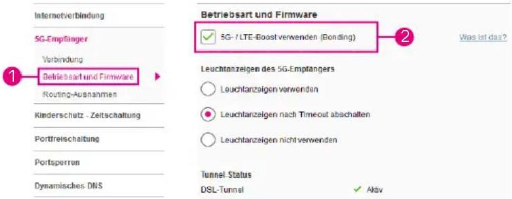 Internetverbindung 5G-Empfänger Verbindung Betriebsart und Firmware Routing-Ausnahmen Kinderschutz - Zeitschaltung Portfreischaltung Portsperron Dynamisches DNS Betriebsart und Firmware 5G-/LTE-Boost verwenden (Bonding) Was ist das? Leuchtanzeigen des 5G-Empfängers Leuchtanzeigen verwenden Leuchtanzeigen nach Timeout abschalten Leuchtanzeigen nicht verwenden Tunnel Status DSL-Tunnel Aktiv