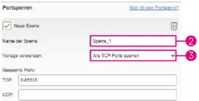 Portsperren Was ist eine Portsperre? ✓ Neue Sporre Name der Sporre: Sperre_1 Vorlage verwenden: Alle TCP-Ports sperren Gesperierte Ports: TCP: 0-65535 UDP: