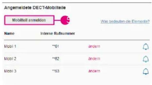 Angemeldete DECT-Mobiliteile Mobiliteil anmelden Was bedeuten die Elemente? Name Interne Rufnummer Mobil 1 **61 ändern Mobil 2 **82 ändern Mobil 3 **53 ancern