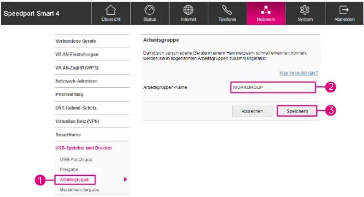 Speedport Smart 4 Übersicht Status Internet Telefonie Notzwerk System Abmelden Vorbundene Geräte WLAN-Einstellungen WLAN-Zugriff (WPS) Netzwerk-Adressen Priorisierung DNS-Rebind-Schutz Virtuallos Netz (VPN) SmartHome USB-Speicher und Drucker USB-Anschluss Freigabe Arbeitsgruppe Medienwiedergabe Arbeitsgruppe Damit sich verschiedene Geräte in einem Heimnetzwerk schnell erkennen können, werden sie in sogenannten Arbeitsgruppen zusammengefasst. Was bedeutet das? Arbeitsgruppen-Name WORKGROUP Abrechen Speichern