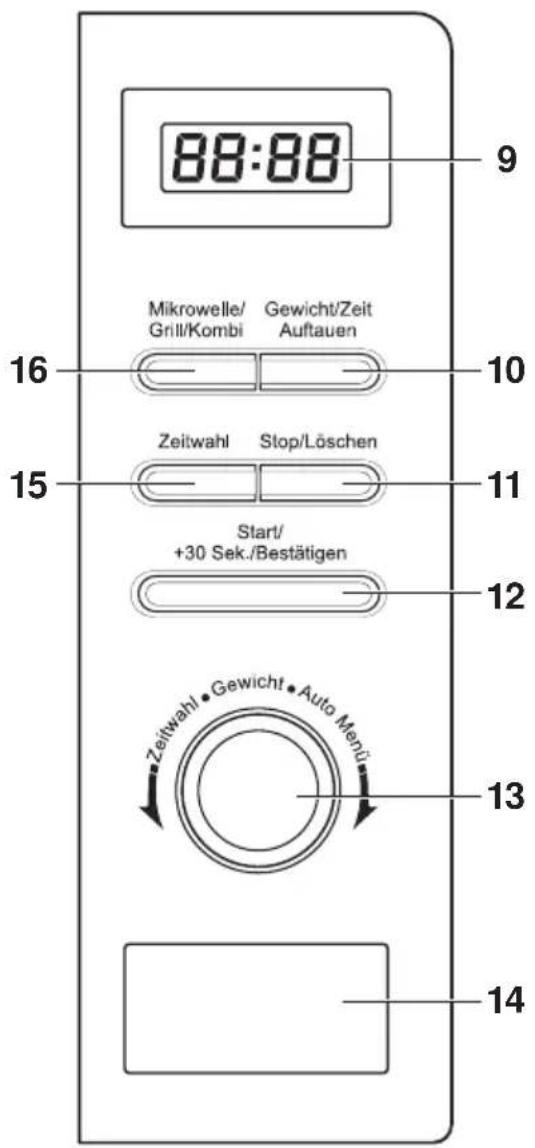 88:88 9 Mikrowelle/Grill/Kombi Gewicht/ZeitAuftauen 16 Zeitwahl Stop/Löschen 15 Start/+30 Sek./Bestätigen 12 Zeitwahl·Gewicht·Auto Menu 13 14