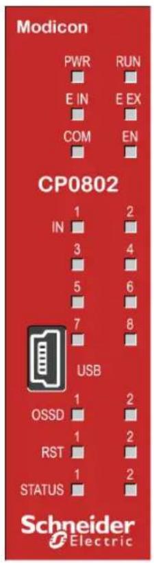 Modicon PWR RUN E IN E EX COM EN CP0802 1 2 IN 3 4 5 6 7 8 USB 1 2 OSSD 1 2 RST 1 2 STATUS 1 2 Schneider Electric