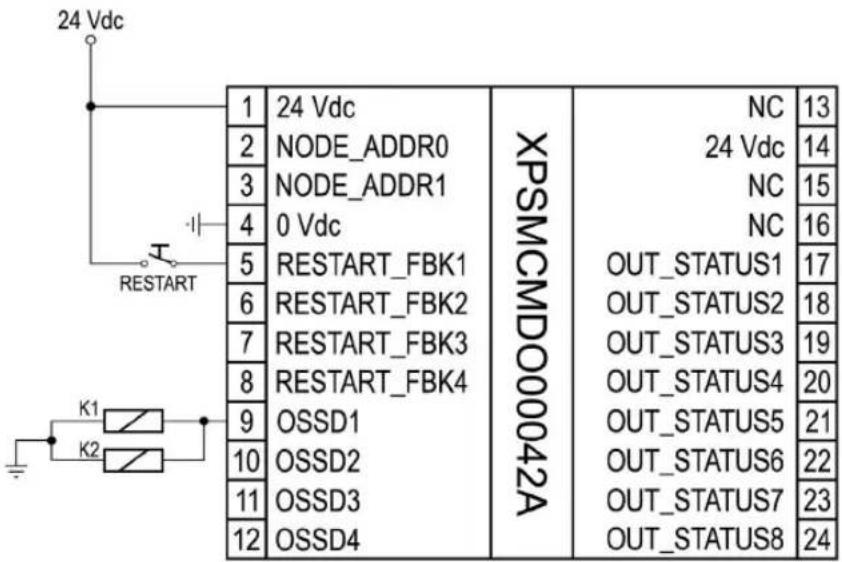 24 Vdc 1 24 Vdc 2 NODE_ADDR0 3 NODE_ADDR1 4 0 Vdc 5 RESTART_FBK1 6 RESTART_FBK2 7 RESTART_FBK3 8 RESTART_FBK4 9 OSSD1 10 OSSD2 11 OSSD3 12 OSSD4 XPSMCMDO00042A NC 13 24 Vdc 14 NC 15 NC 16 OUT_STATUS1 17 OUT_STATUS2 18 OUT_STATUS3 19 OUT_STATUS4 20 OUT_STATUS5 21 OUT_STATUS6 22 OUT_STATUS7 23 OUT_STATUS8 24
