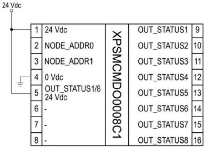 24 Vdc 1 24 Vdc 2 NODE_ADDR0 3 NODE_ADDR1 4 0 Vdc 5 OUT_STATUS1/8 24 Vdc 6 - 7 - 8 - XPSMCMDO0008C1 OUT_STATUS1 9 OUT_STATUS2 10 OUT_STATUS3 11 OUT_STATUS4 12 OUT_STATUS5 13 OUT_STATUS6 14 OUT_STATUS7 15 OUT_STATUS8 16