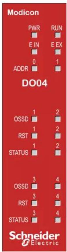 Modicon PWR RUN E IN E EX 0 1 ADDR DO04 OSSD 1 2 RST 1 2 STATUS 1 2 OSSD 3 4 RST 3 4 STATUS 3 4 Schneider Electric