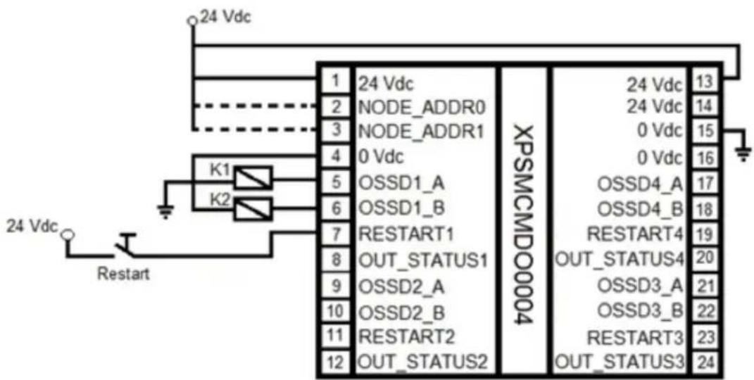 24 Vdc 1 24 Vdc 2 NODE_ADDR0 3 NODE_ADDR1 4 0 Vdc 5 OSSD1_A 6 OSSD1_B 7 RESTART1 8 OUT_STATUS1 9 OSSD2_A 10 OSSD2_B 11 RESTART2 12 OUT_STATUS2 XPSMCMD0004 24 Vdc 13 24 Vdc 14 0 Vdc 15 0 Vdc 16 OSSD4_A 17 OSSD4_B 18 RESTART4 19 OUT_STATUS4 20 OSSD3_A 21 OSSD3_B 22 RESTART3 23 OUT_STATUS3 24 K1 K2 Restart