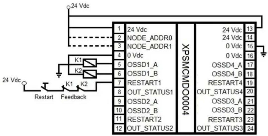 24 Vdc 1 24 Vdc 2 NODE_ADDR0 3 NODE_ADDR1 4 0 Vdc 5 OSSD1_A 6 OSSD1_B 7 RESTART1 8 OUT_STATUS1 9 OSSD2_A 10 OSSD2_B 11 RESTART2 12 OUT_STATUS2 XPSMCMD0004 24 Vdc 13 24 Vdc 14 0 Vdc 15 0 Vdc 16 OSSD4_A 17 OSSD4_B 18 RESTART4 19 OUT_STATUS4 20 OSSD3_A 21 OSSD3_B 22 RESTART3 23 OUT_STATUS3 24 K1 K2 Restart Feedback
