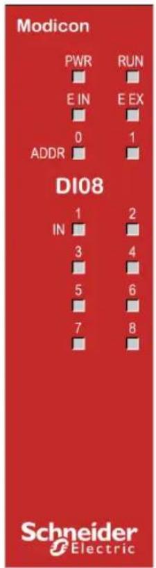Modicon PWR RUN E IN E EX 0 1 ADDR DI08 1 2 IN 3 4 5 6 7 8 Schneider Electric