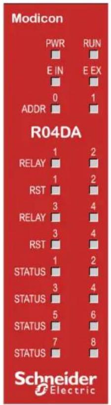 Modicon PWR RUN E IN E EX 0 1 ADDR R04DA RELAY 1 2 RST 1 2 RELAY 3 4 RST 3 4 STATUS 1 2 STATUS 3 4 STATUS 5 6 STATUS 7 8 Schneider Electric